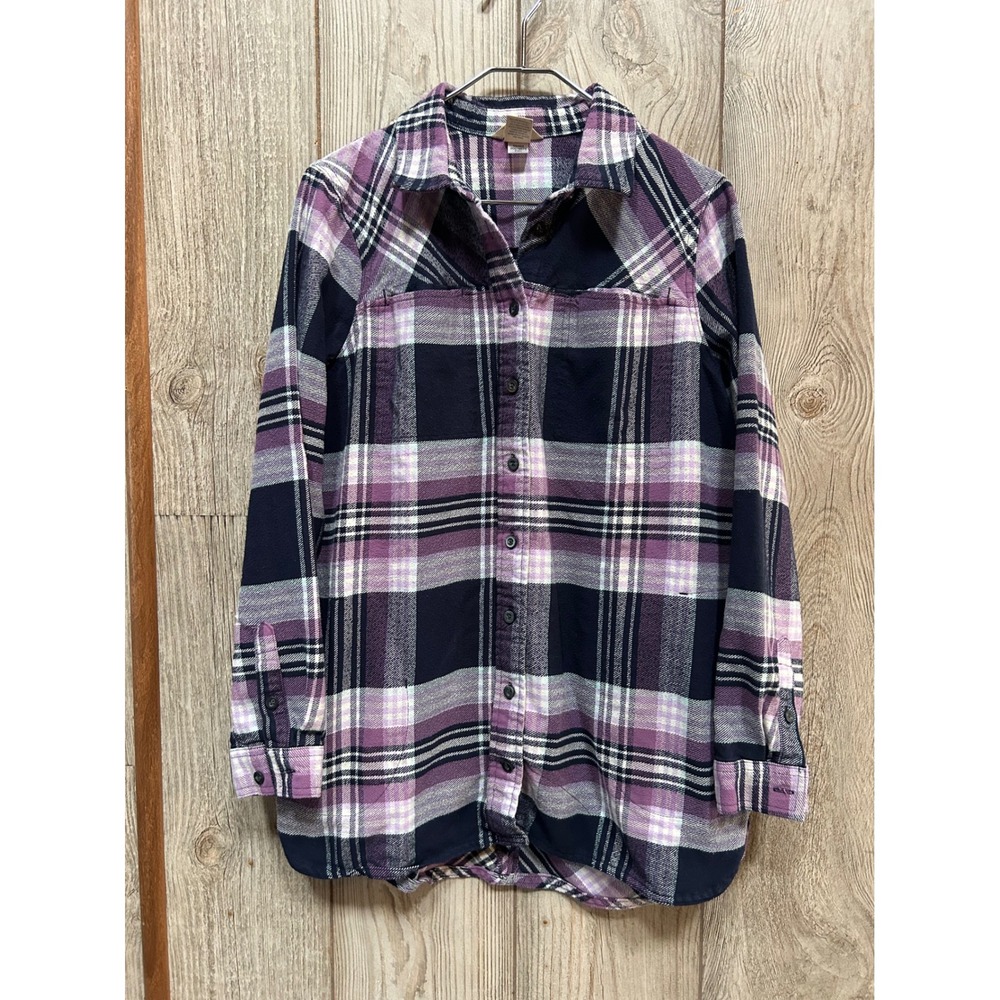 Duluth Trading Co Womens Large Purple Plaid Free Swing Flannel Button Shirt L - Picture 2 of 6